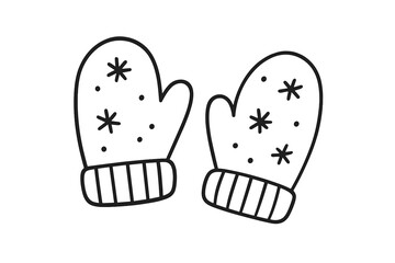 Outline pair of winter mittens decorated with snowflakes and dots
