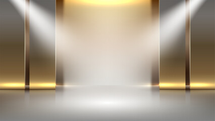gold stage spotlight background for award ceremony with elegant metallic columns and reflective floor luxury showcase scene for product display or presentation in a modern showroom