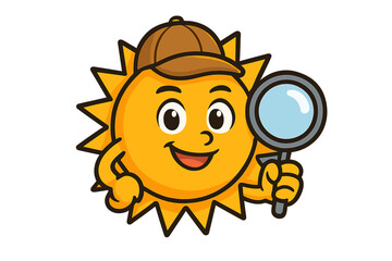 Smiling sun mascot in detective hat holding magnifying glass for discovery