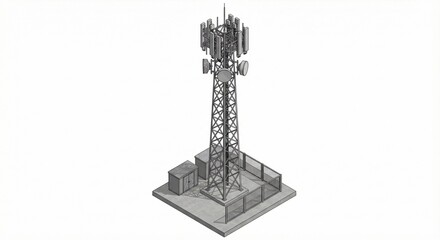 Communication tower with antennas and base station in grayscale  