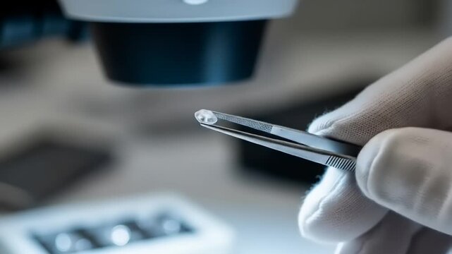 Diamond analysis under microscope with expert hands holding precious gem with tweezers.