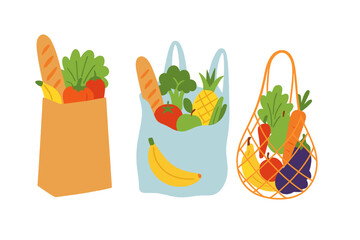 Variety of grocery bags filled with fresh fruits, vegetables, and bread