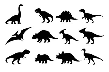 Diverse collection of prehistoric dinosaur and flying reptile black silhouettes