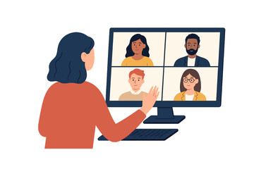 Woman greeting diverse colleagues during virtual team video conference call