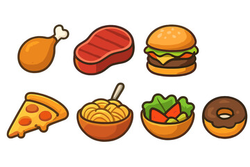 Fototapeta na wymiar Cartoon fast food and meal icons with bold outlines for menus