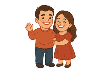 Obraz premium Cheerful couple standing close together waving hello in greeting