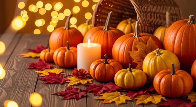 Abundant harvest of orange pumpkins and gourds arranged on a wooden surface with a lit candle and autumn maple leaf decoration, creating a warm fall scene