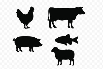Silhouettes of farm animals and aquatic life including chicken cow pig and sheep