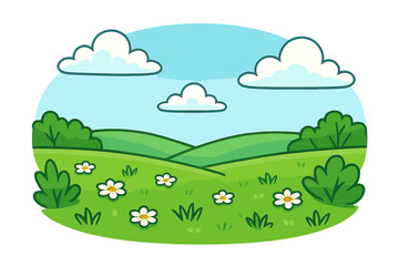 Rolling green hills landscape with daisies and fluffy clouds