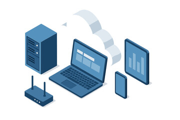 Isometric digital network infrastructure showing connected devices and data flow