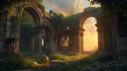 Sunlit Stone Arches Framing Ivy-Covered Classical Ruins

