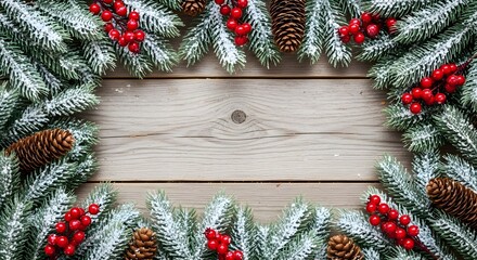 Christmas holiday border frame made of snowy fir branches, red berries, and pine cones over rustic wooden background for greeting card design