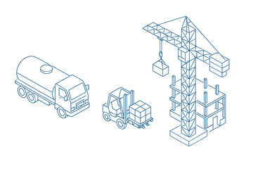 Isometric heavy machinery and building progress outline icons © Andrei