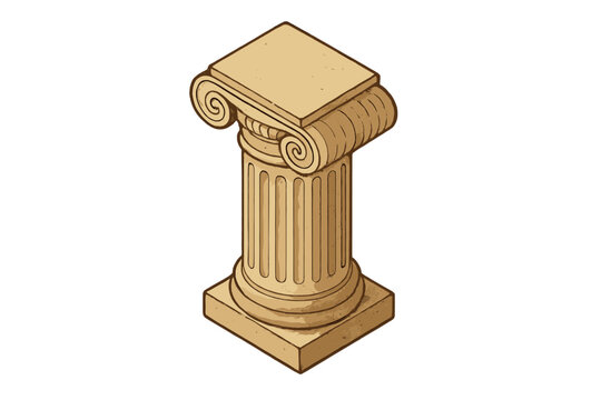 Isometric view of ancient Ionic column capital and shaft segment
