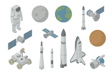 Isometric space exploration icons set with astronaut and celestial bodies © Andrei