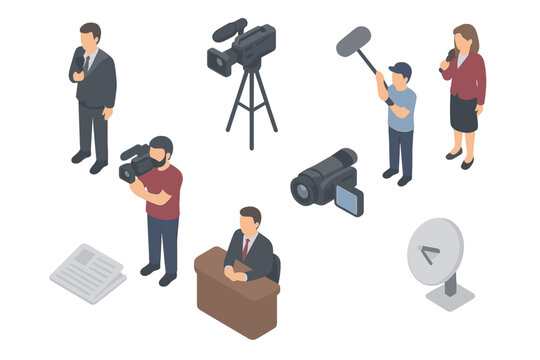 Isometric icons of broadcast professionals and media production equipment