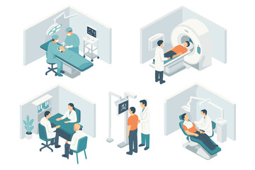 Collection of isometric scenes showing medical procedures and patient care