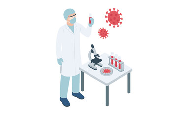 Medical researcher examining virus sample with microscope and laboratory equipment