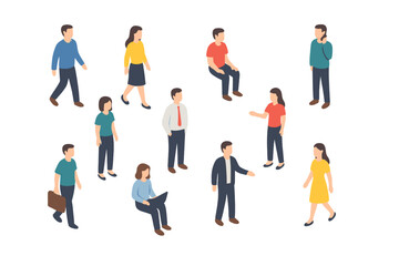 Isometric diverse group of business people standing and sitting in various poses
