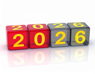 A set of colorful cubes display the year 2026, set against a bright backdrop 