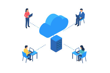 Fototapeta premium Isometric cloud computing network connection with users and central server