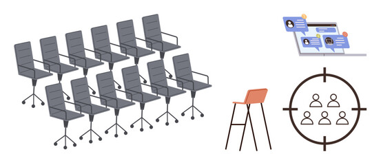 Row of gray office chairs, recruitment profiles, a single modern chair, and a target group. Ideal for hiring, workforce, recruitment, strategy, team building business planning simple flat metaphor