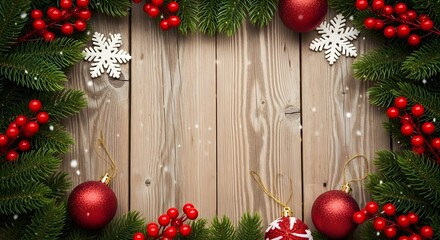 Rustic wooden background frame decorated with green fir branches, red berries, shiny baubles, and white snowflake ornaments for a festive christmas holiday border design