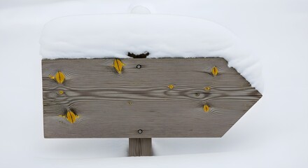 Wooden directional sign covered in thick white snow pointing right, set against a completely white snowy background in winter