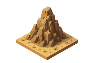 Isometric desert rock formation on sandy terrain with sparse vegetation