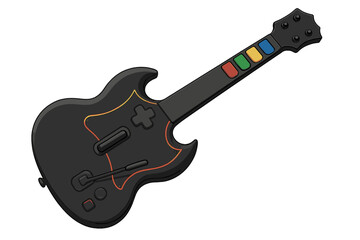 Black video game guitar controller with colored fret buttons © Andrei