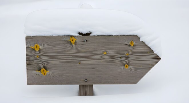 Wooden directional sign covered in thick white snow pointing right, set against a completely white snowy background in winter - Powered by Adobe