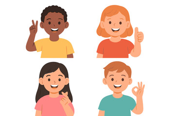 Four happy children showing positive hand gestures and signs