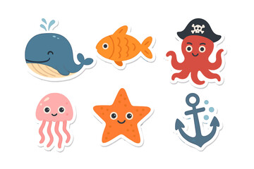 Collection of cute cartoon sea creatures and nautical icons © Andrei