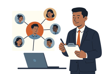 Business manager analyzing team network diagram displayed on digital screen