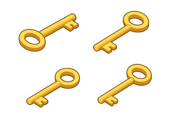 Four isometric antique golden keys with rounded bow shapes