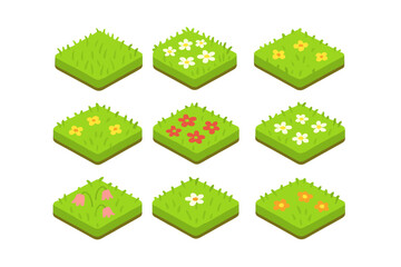 Isometric grass tile set featuring various colorful spring flowers