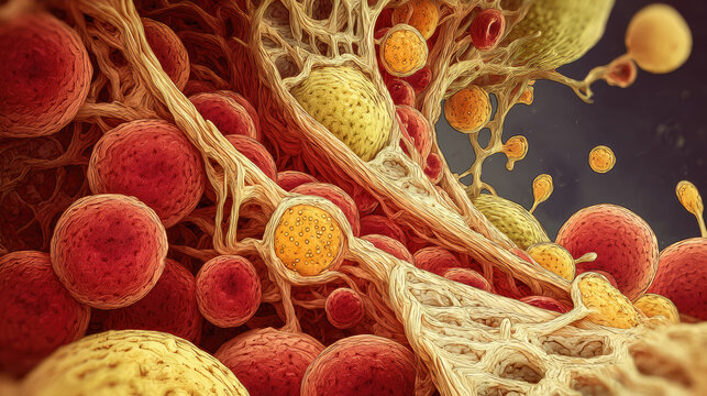 Erythrocytes and cholesterol cells in blood vessel concept. Detailed microscopic view of cellular structures and particles.
