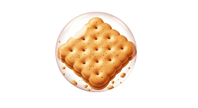 Delicious golden square cracker floating in a clear liquid.