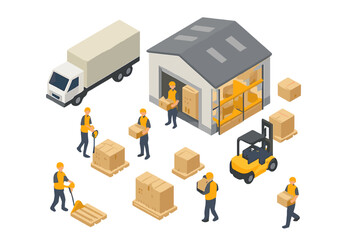 Isometric logistics and warehouse operations with workers and delivery truck