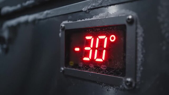 Glowing temperature display on deep freezer reads minus thirty degrees.