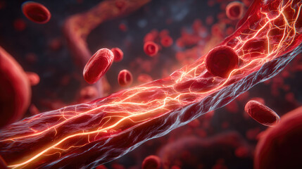 Fat and cholesterol in human blood vein concept. Dynamic view of blood flow through a human artery at a microscopic level.