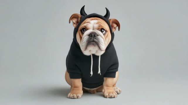 Cute Bulldog in Black Hoodie with Devil Horns against Gray Background, Adorable Pet Fashion Photo for Fun and Whimsical Contexts 4k video footage