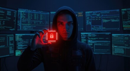 Intense hacker with glowing circuit chip and security lock symbol, facing camera in dark room filled with multiple glowing computer monitors displaying code and data streams