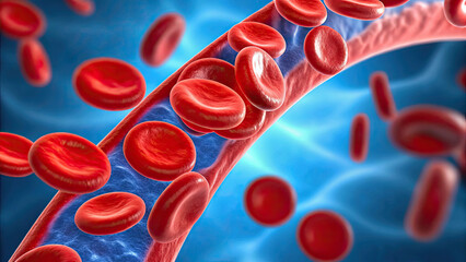 Plaque buildup causing blocked vein or artery concept. Illustration of red blood cells moving through a blood vessel.