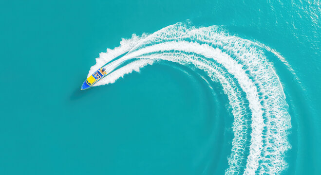 Speedboat making a sharp turn leaving wake in turquoise water ocean