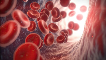 Blood clot blocking red blood cells stream concept. Microscopic view of blood cells flowing through blood vessel.