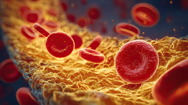 Atherosclerosis blocked blood vessel by plaque concept. Microscopic view of blood cells in a vibrant bloodstream.