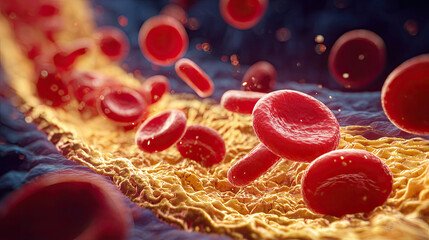 Clogged arteries with cholesterol plaque concept. Microscopic view of red blood cells flowing through a vessel.