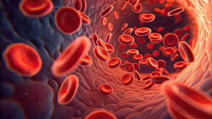 Blood clot blocking red blood cells stream in artery concept. Microscopic view of red blood cells flowing through a blood vessel.