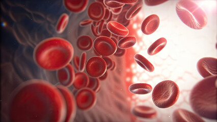 Blood clot blocking red blood cells stream concept. Microscopic view of red blood cells flowing through the bloodstream.